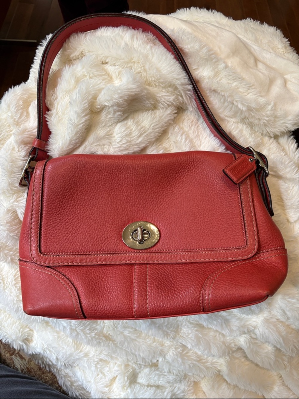 Coach  Coral-Red Pebbled Leather Shoulder Bag with Turnlock